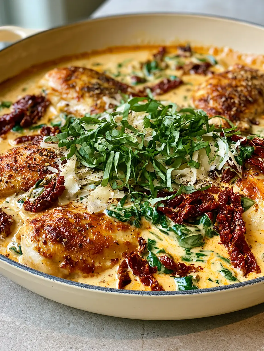 Creamy Tuscan Chicken with Sun-Dried Tomatoes and Baby Spinach 3 Close-up of pan-seared chicken breasts in a pale-orange creamy sauce with sun-dried tomatoes. (Creamy Tuscan Chicken)