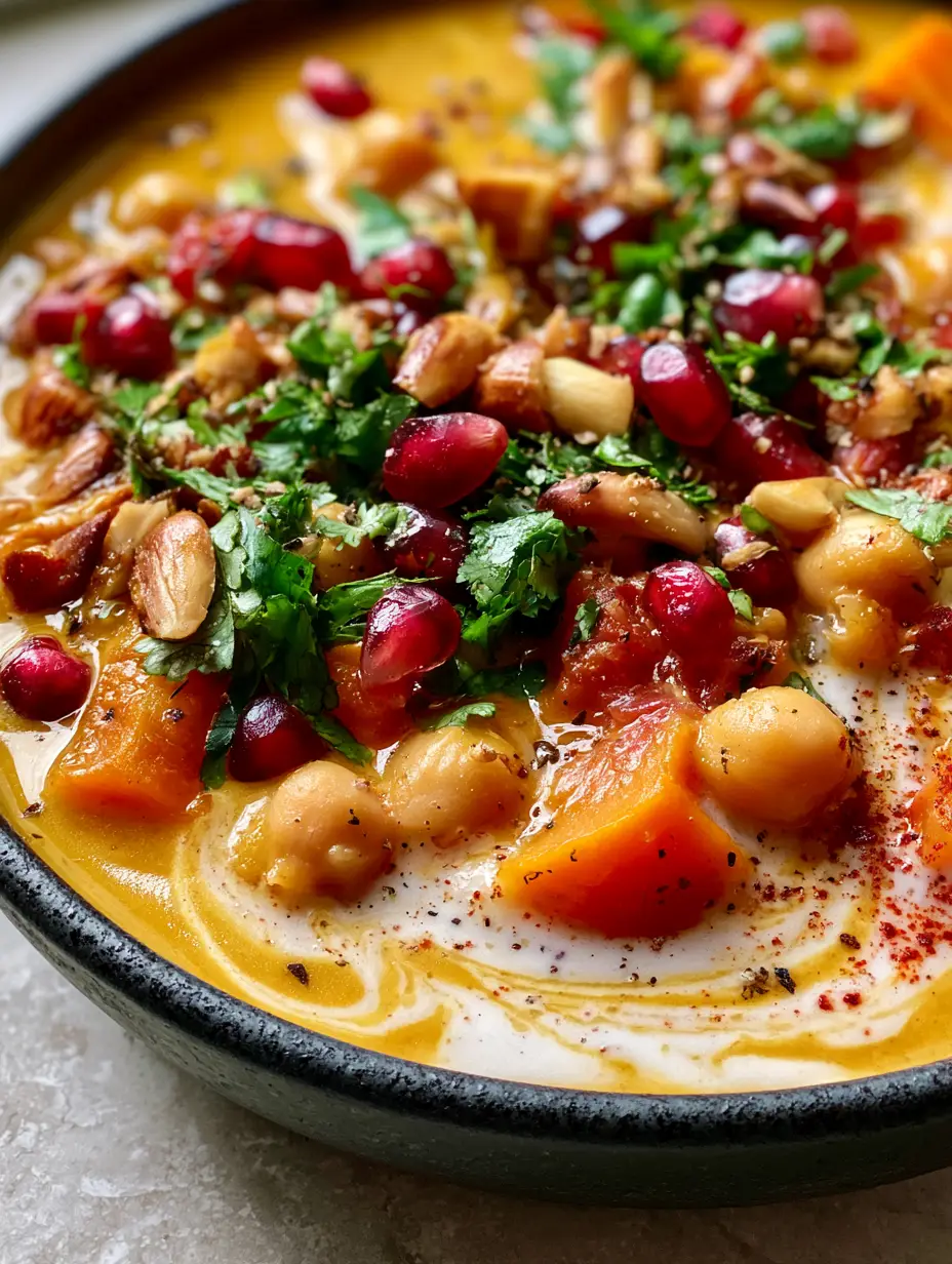 Extreme close-up of vegan moroccan stew showing textures of chickpeas, sweet potato, and coconut milk.