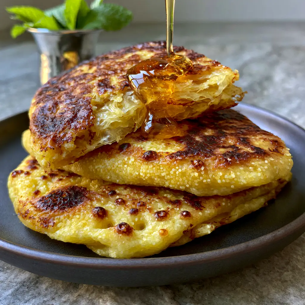 Macro photo of honey pouring onto golden-brown Moroccan Msemen flatbread with visible semolina grains.