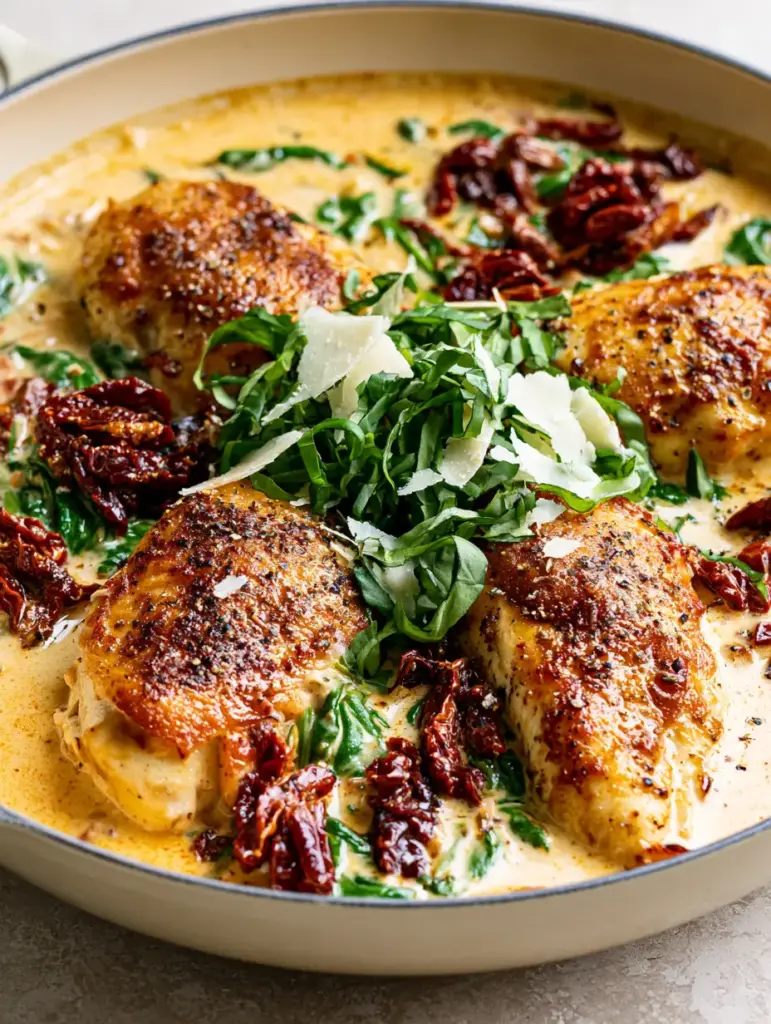 Creamy Tuscan Chicken with Sun-Dried Tomatoes and Baby Spinach 1 A handheld shot of Creamy Tuscan Chicken garnished with fresh basil ribbons and shaved parmesan cheese.