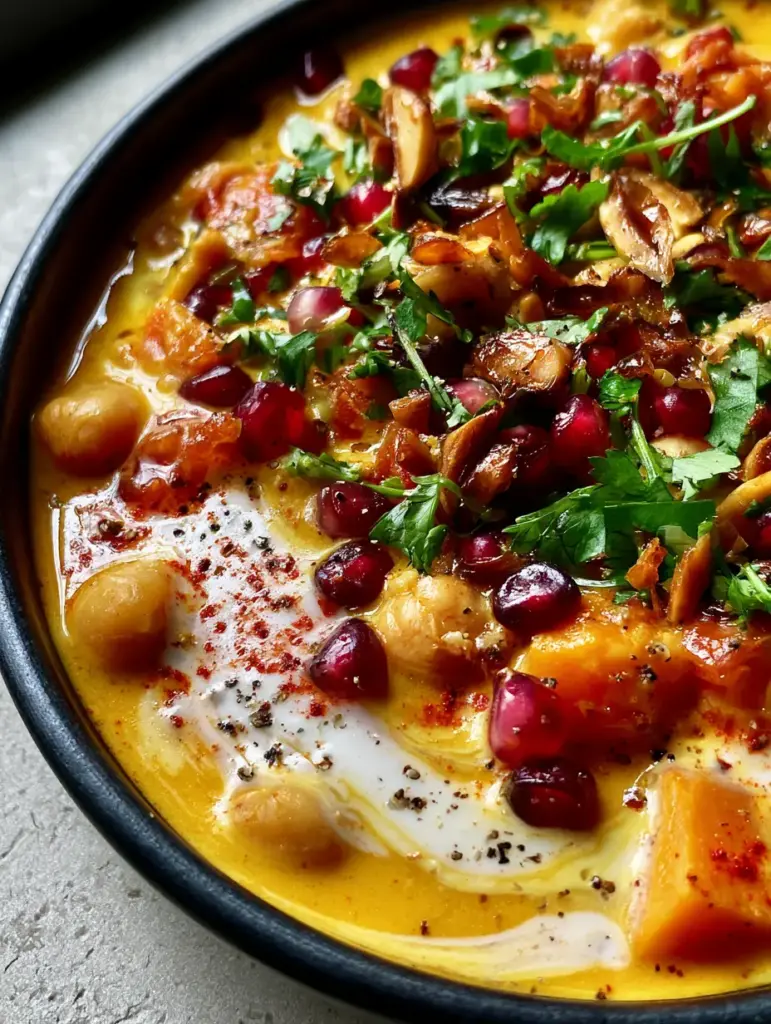 Overhead view of a rustic black bowl filled with vegan moroccan stew topped with almonds and cilantro.