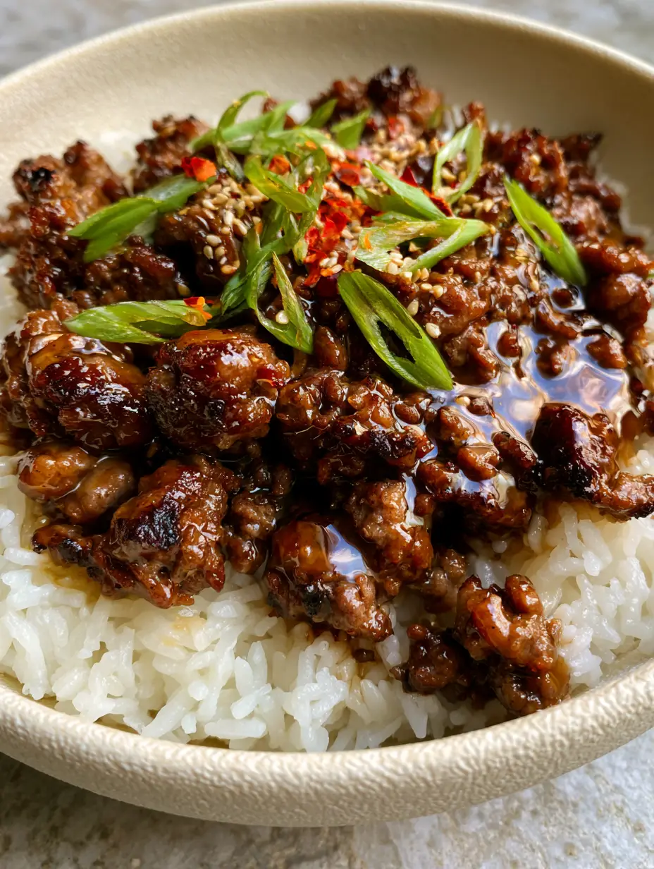 Extreme close-up of glistening amber sauce on honey garlic ground beef with steam rising from white rice.
