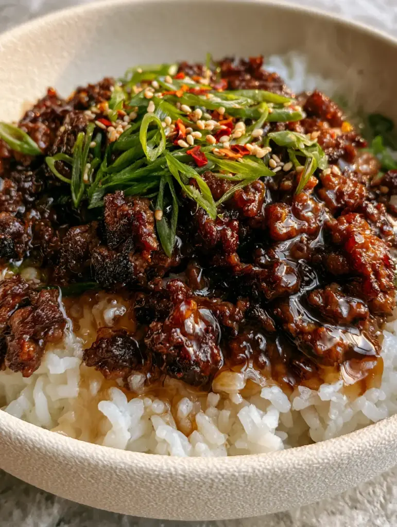 Handheld photo of caramelized beef crumbles with vibrant red chili flakes and green scallions.