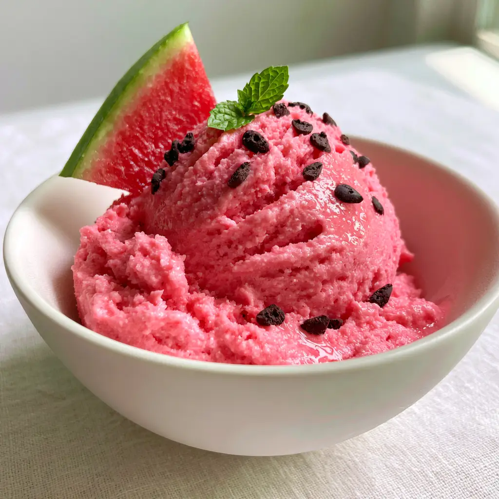 Watermelon Ice Cream: The Ultimate Ultra-Creamy Summer Treat 1 Close up of watermelon ice cream with a glistening agave drizzle and a paper-thin watermelon wedge garnish.
