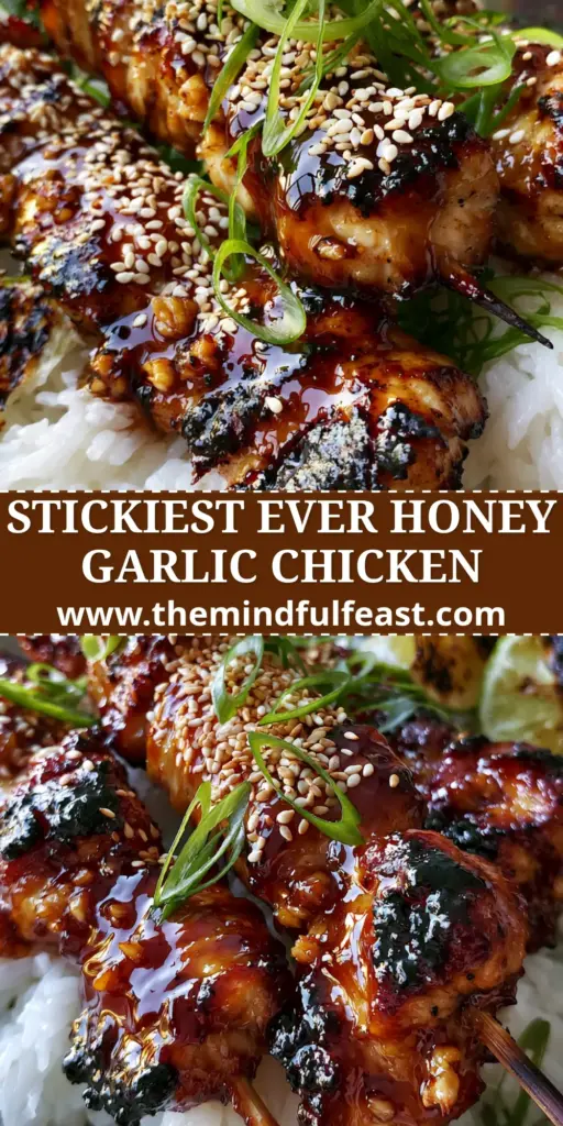 Honey garlic chicken skewers with a Sticky Amber Glaze 4 Top-down view of four succulent Honey garlic chicken skewers on a bed of jasmine rice with charred lime wedges and sesame seeds.