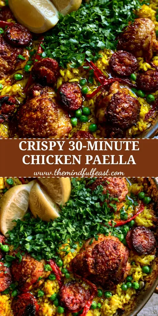 Chicken Paella with Smoky Chorizo and a Crispy Golden Socarrat 4 Top-down view of a rustic stainless steel skillet containing vibrant yellow Chicken Paella with charred chorizo, green peas, and fresh lemon wedges.