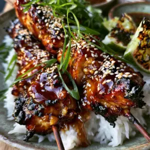 Extreme close-up of charred Honey garlic chicken skewers showing the thick, reflective amber glaze and minced garlic bits.