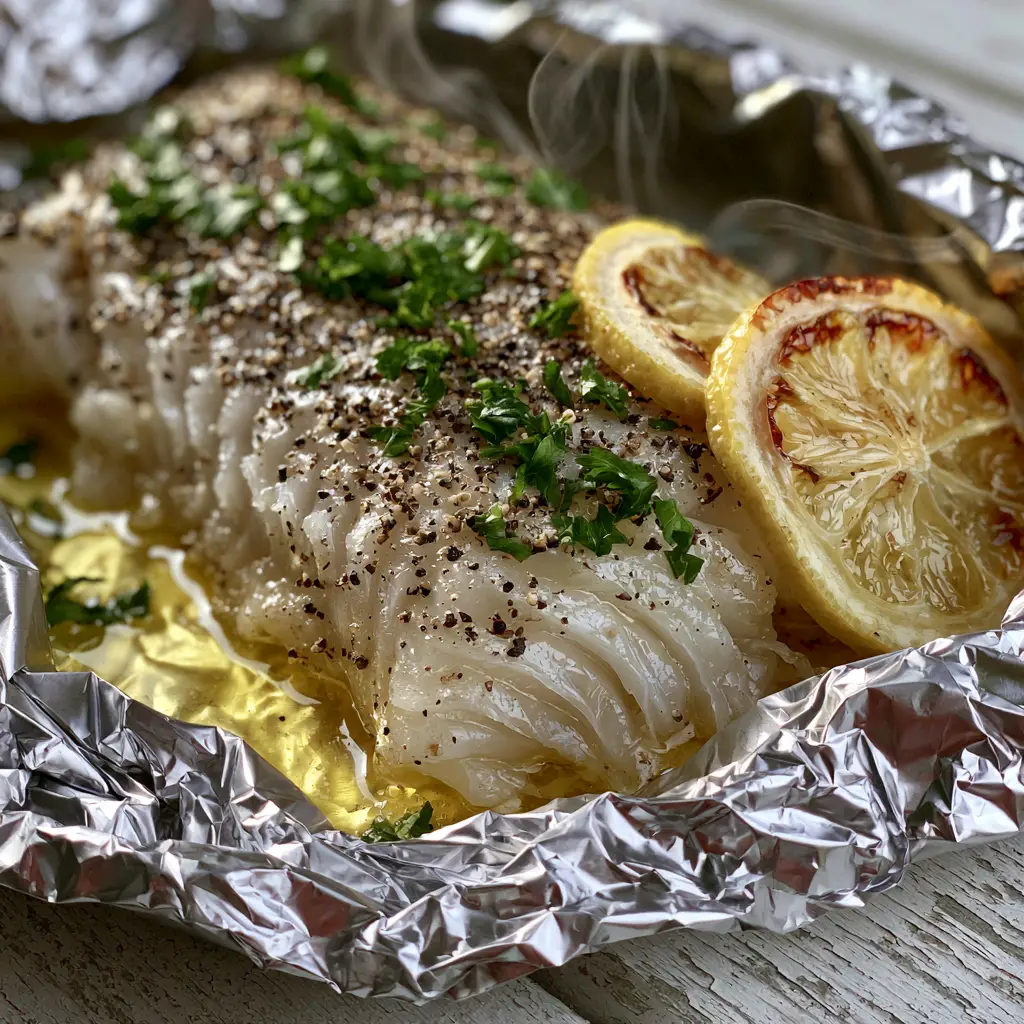 Lemon Pepper Grilled Cod: The Ultimate Buttery Foil Packet Recipe 2 Extreme macro close-up of moist, translucent flakes of lemon pepper grilled cod glistening with melted butter and fresh parsley.