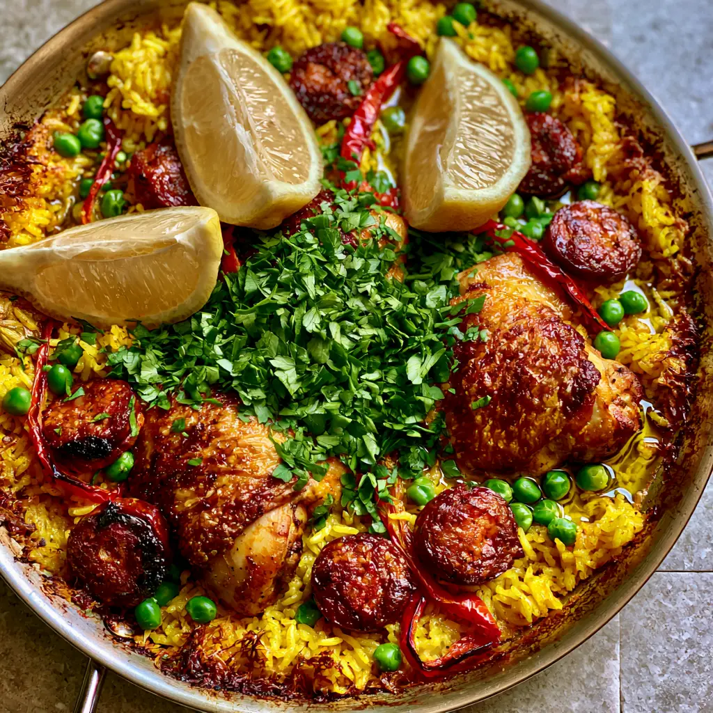 Chicken Paella with Smoky Chorizo and a Crispy Golden Socarrat 2 Close-up angled shot of Chicken Paella showing toasted rice edges and juicy seared chicken thighs in a rustic pan.