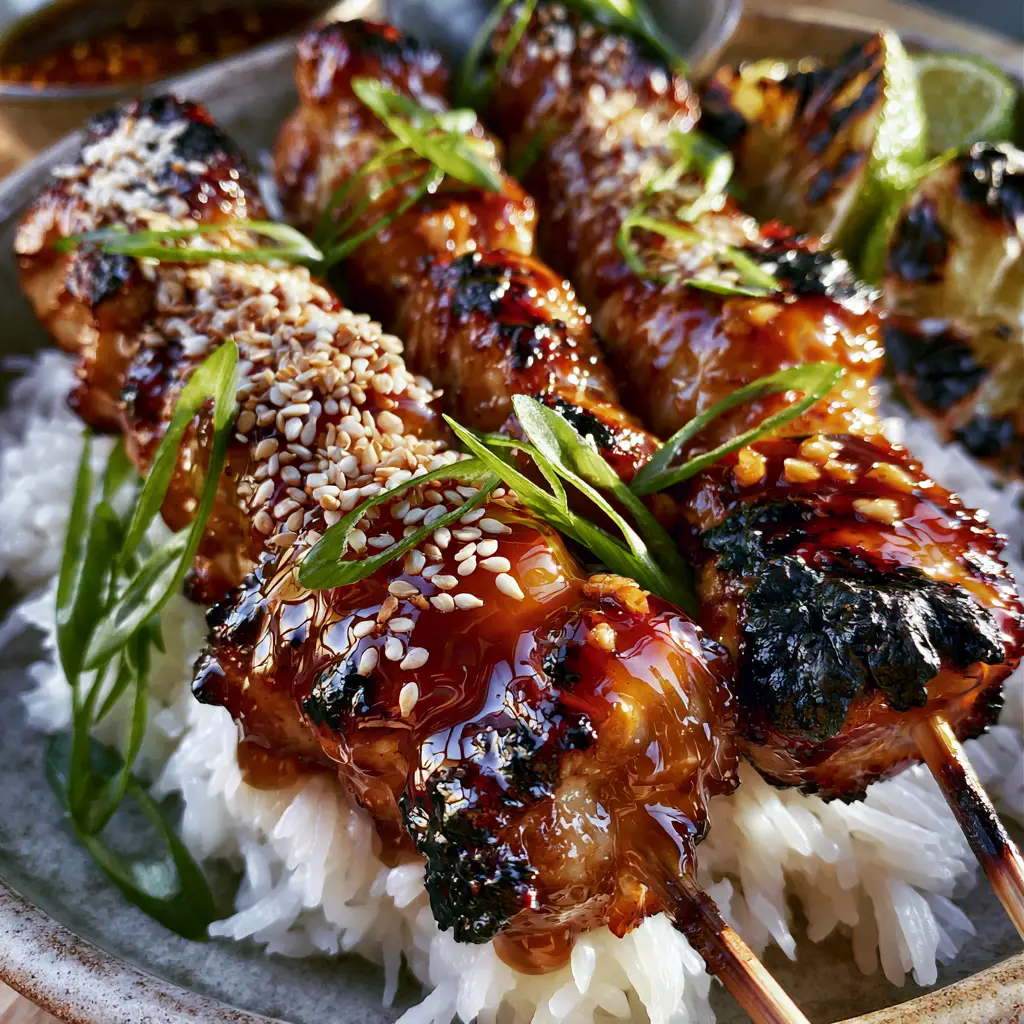 Honey garlic chicken skewers with a Sticky Amber Glaze 1 Angled shot of grilled chicken skewers garnished with bright green scallions and toasted sesame seeds on a matte ceramic plate.