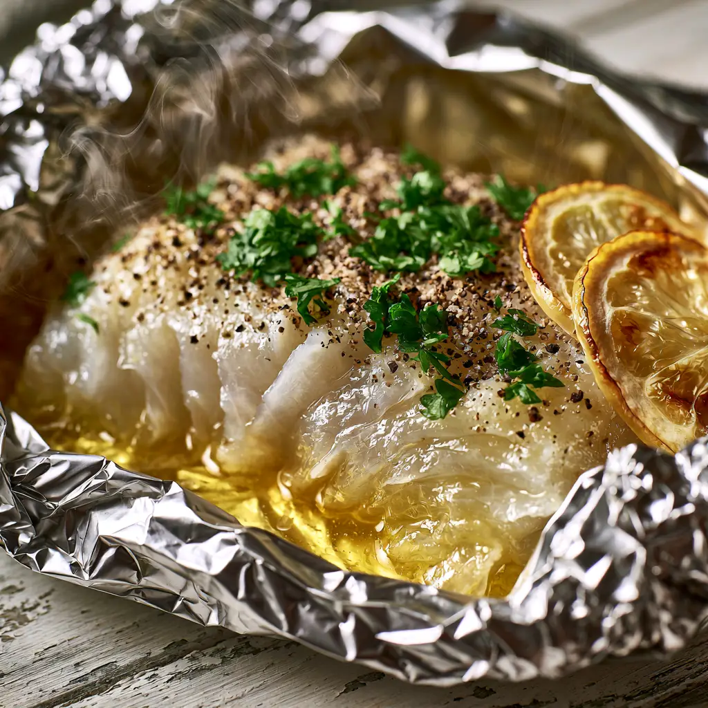 Lemon Pepper Grilled Cod: The Ultimate Buttery Foil Packet Recipe 1 A glistening cod fillet in a silver foil packet with charred lemon slices and heavy coarse black pepper seasoning.