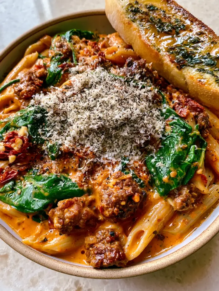 Tuscan Ground Beef Pasta with Velvety Sun-Dried Tomato Cream Sauce 1 Overhead view of Tuscan ground beef pasta served with toasted garlic bread and a snowfall of parmesan.