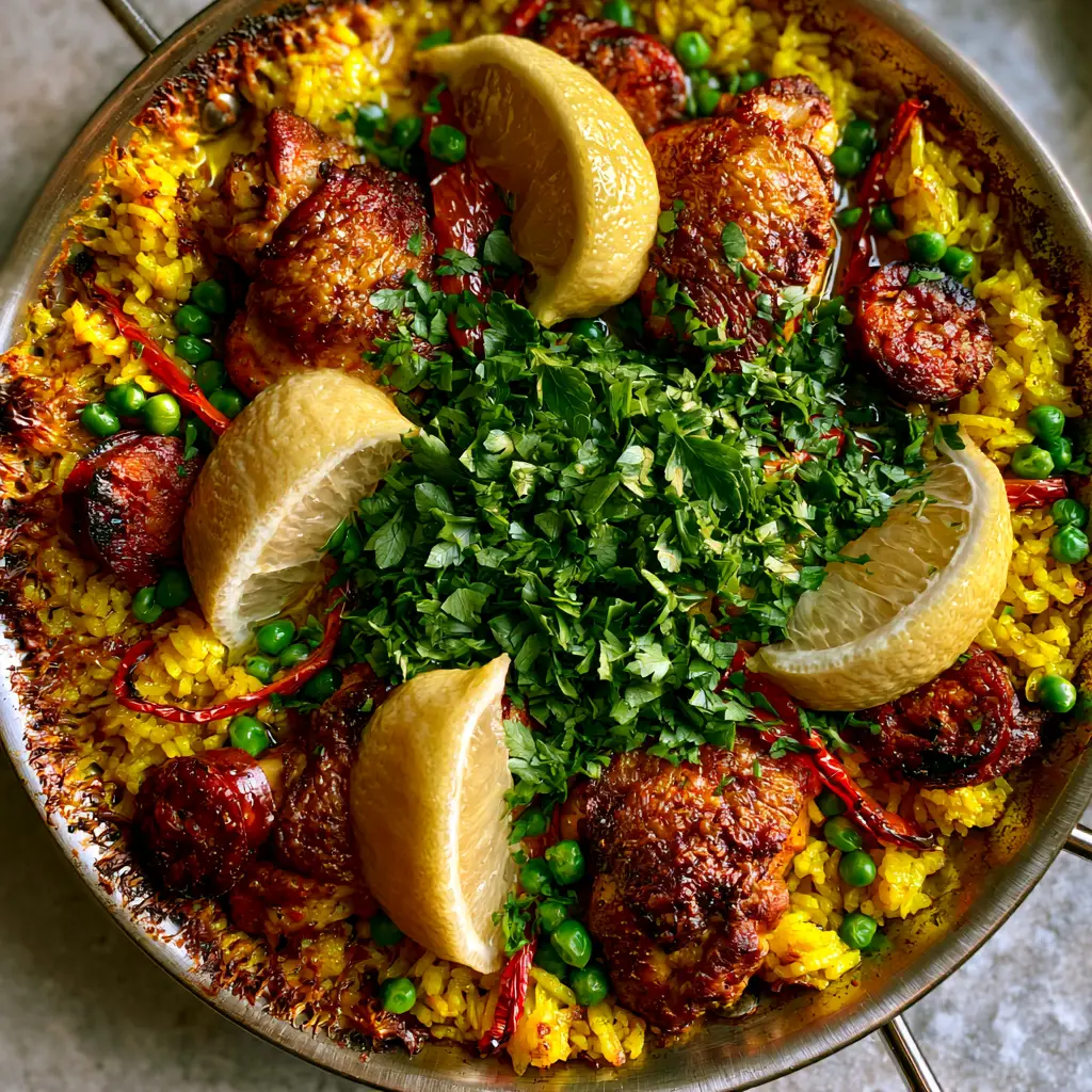 Chicken Paella with Smoky Chorizo and a Crispy Golden Socarrat 1 Stainless steel skillet filled with saffron rice, roasted peppers, and parsley-garnished chicken pieces on a stone background.