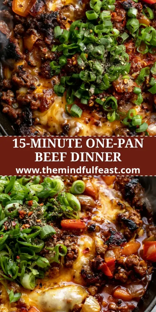 Ground Beef Skillet Recipes: The Ultimate 15-Minute Cheesy Bell Pepper Stir-Fry 4 A vertical shot of a cheesy ground beef skillet with peppers and scallions in a cast iron pan. (ground beef skillet recipes)