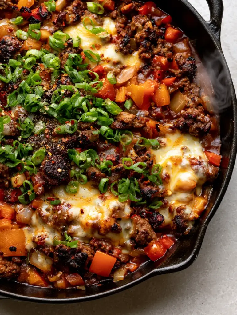 Ground Beef Skillet Recipes: The Ultimate 15-Minute Cheesy Bell Pepper Stir-Fry 2 High-angle view of charred ground beef with melting cheddar and vibrant bell peppers. (ground beef skillet recipes)