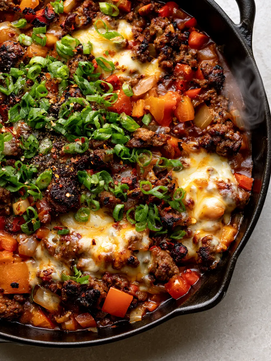 Ground Beef Skillet Recipes: The Ultimate 15-Minute Cheesy Bell Pepper Stir-Fry 3 High-angle view of charred ground beef with melting cheddar and vibrant bell peppers. (ground beef skillet recipes)