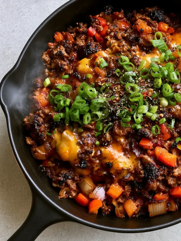 Ground Beef Skillet Recipes: The Ultimate 15-Minute Cheesy Bell Pepper Stir-Fry 1 Close up of glossy umami glaze on ground beef with red and orange peppers.