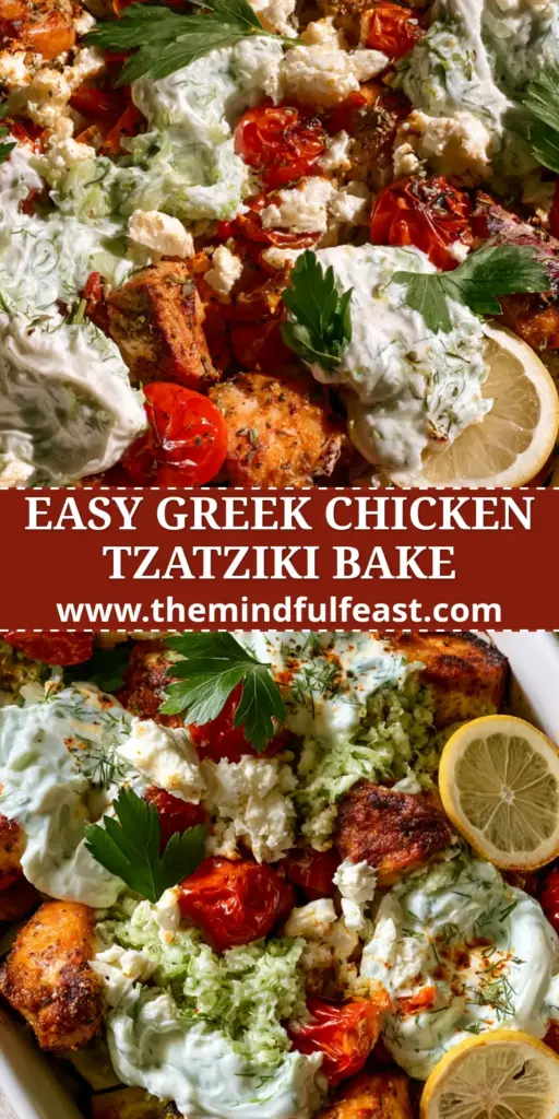 Chicken Tzatziki Casserole with Blistered Tomatoes and Feta 3 A high-angle photo of a vibrant Greek chicken tzatziki casserole in a white ceramic dish with seared chicken, roasted zucchini, and dollops of creamy tzatziki.