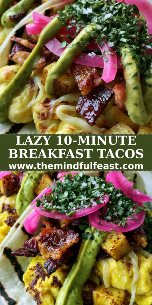 A stack of three gourmet breakfast tacos with charred tortillas, soft eggs, crispy bacon, and avocado crema ribbons. (Breakfast tacos)