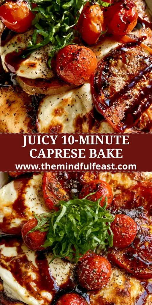 Caprese Chicken Casserole with Blistered Tomatoes and Balsamic Glaze 4 An overhead shot of a gourmet Caprese Chicken Casserole in a white dish featuring melted mozzarella, blistered tomatoes, and balsamic glaze.