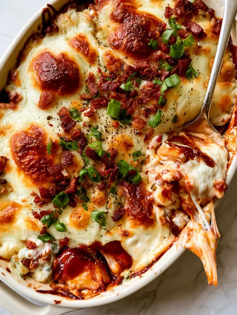 Creamy BBQ Ranch Chicken Casserole with Bubbling Cheese and Crispy Bacon 2 Extreme macro close-up of bubbling mozzarella and sharp cheddar cheese on a Creamy BBQ Ranch Chicken Casserole.