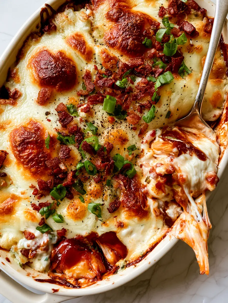Creamy BBQ Ranch Chicken Casserole with Bubbling Cheese and Crispy Bacon 4 Extreme macro close-up of bubbling mozzarella and sharp cheddar cheese on a Creamy BBQ Ranch Chicken Casserole.