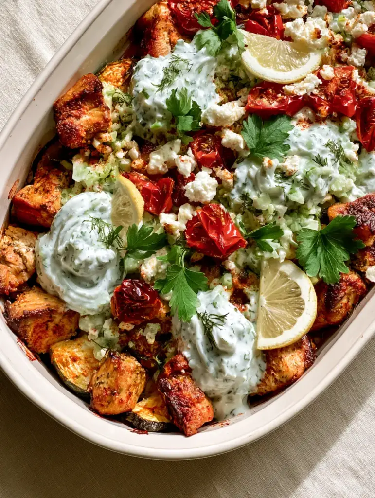 Chicken Tzatziki Casserole with Blistered Tomatoes and Feta 1 A finished chicken tzatziki casserole garnished with lemon slices, feta, and fresh parsley.
