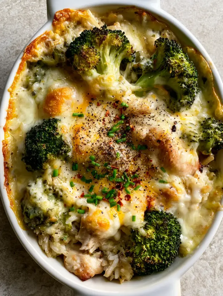Broccoli Chicken and Rice Casserole: The Ultimate Cheesy Comfort Bake 2 Close-up of Broccoli Chicken and Rice Casserole showing seared chicken chunks and melted white and yellow cheddar. (Broccoli Chicken and Rice Casserole)