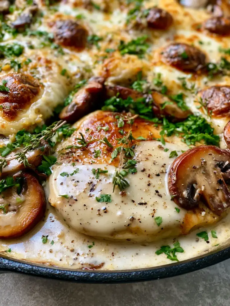 Keto Garlic Mushroom Chicken Casserole: The Ultimate Creamy Skillet Dinner 2 Detailed view of seared chicken breast in a creamy garlic sauce with chestnut-brown mushrooms. (Keto Garlic Mushroom Chicken Casserole)