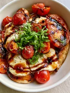 Close-up of bubbling melted mozzarella cheese and roasted heirloom tomatoes on golden-seared chicken.