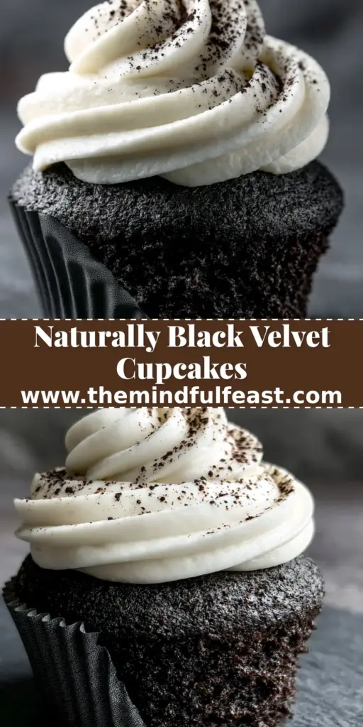 A close-up of a black velvet cupcake with a stark-white cream cheese swirl and matte-black paper liner on a slate background. (black velvet cupcakes)