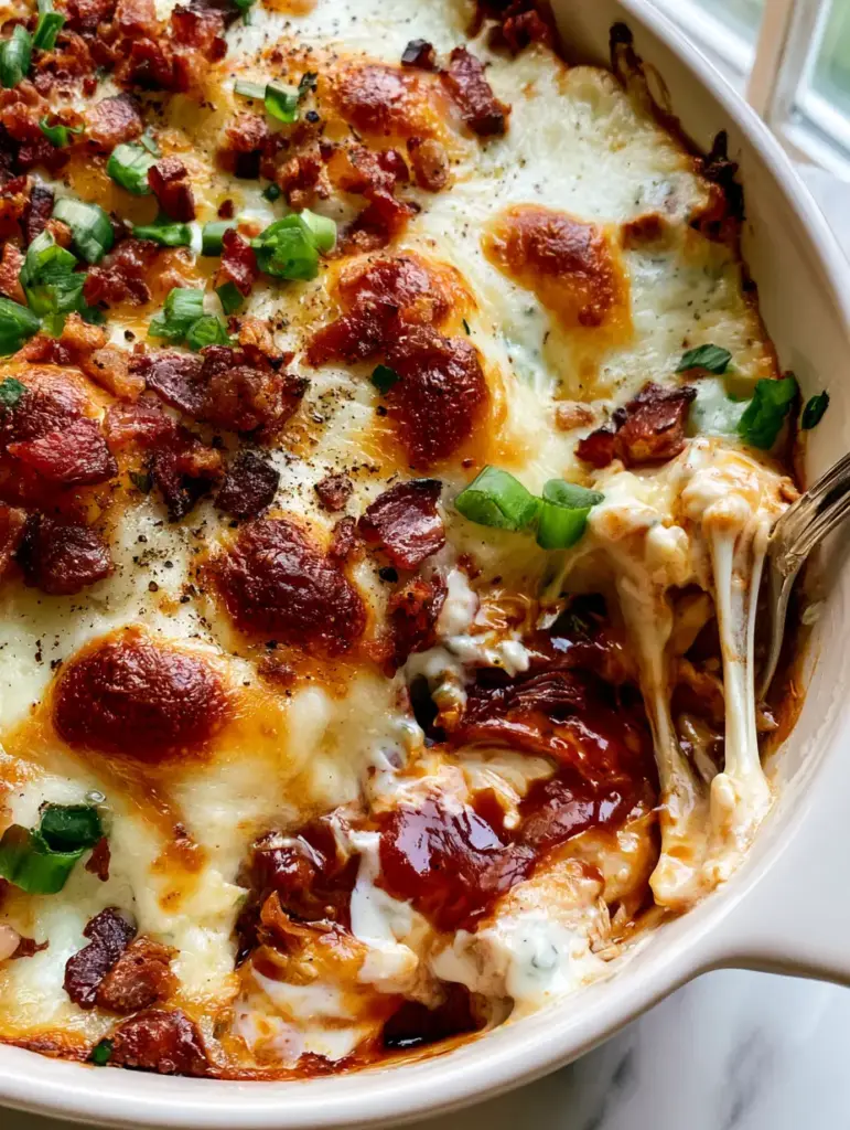 Creamy BBQ Ranch Chicken Casserole with Bubbling Cheese and Crispy Bacon 1 A silver spoon lifting a portion of Creamy BBQ Ranch Chicken Casserole showing a long stretchy cheese pull.