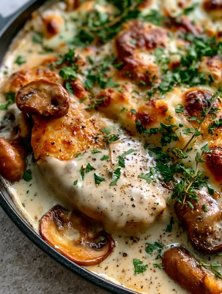 Keto Garlic Mushroom Chicken Casserole: The Ultimate Creamy Skillet Dinner 1 Overhead shot of the toasted parmesan and mozzarella crust with charred spots and fresh thyme garnish. (Keto Garlic Mushroom Chicken Casserole)