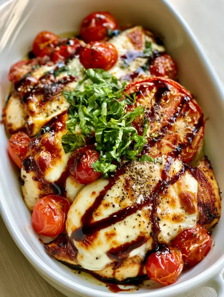 Caprese Chicken Casserole with Blistered Tomatoes and Balsamic Glaze 1 Juicy seared chicken breasts topped with fresh basil chiffonade and a thick mahogany balsamic drizzle.