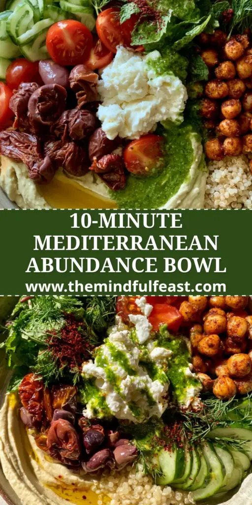 Mediterranean Mezze Bowl Recipe: The Ultimate Fresh & Creamy Power Bowl 3 A vibrant Mediterranean Mezze Bowl Recipe featuring a hummus swirl, roasted chickpeas, and fresh herbs on a rustic table. (Mediterranean Mezze Bowl Recipe)