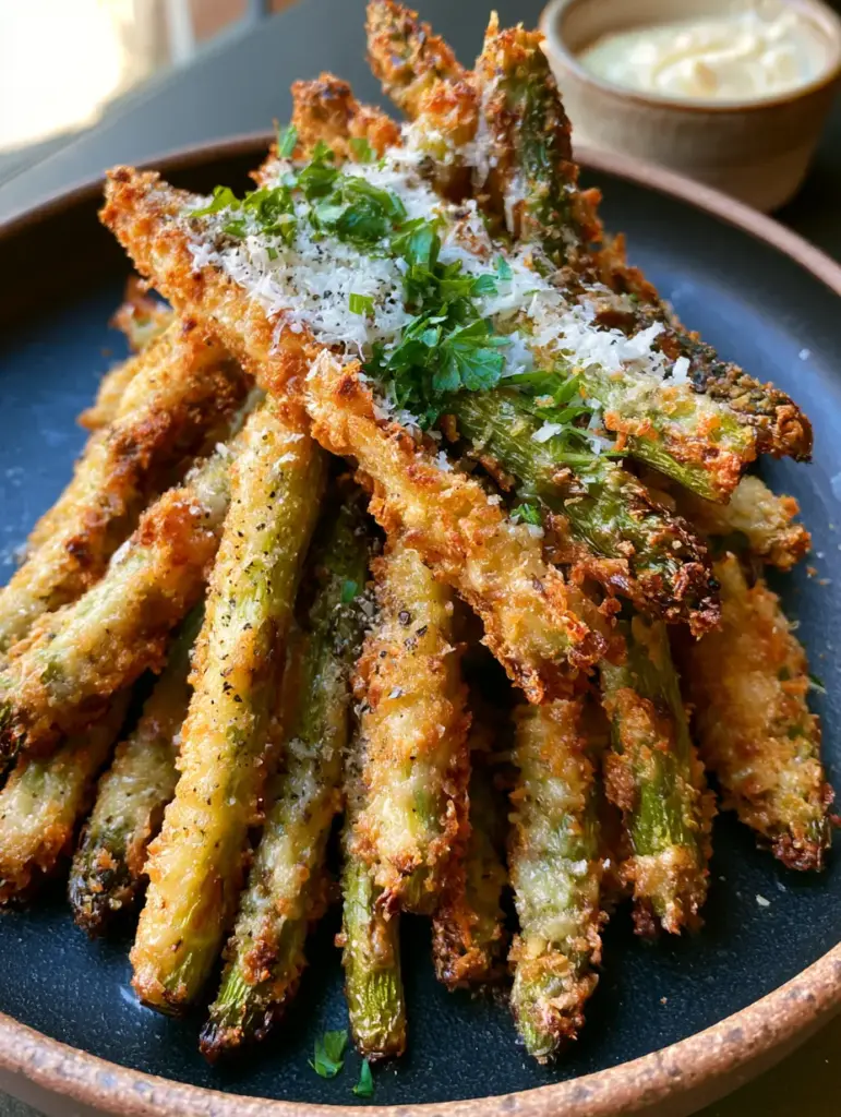Close up of parmesan asparagus fries on a rustic black plate with a snowfall of grated parmesan and fresh parsley.
