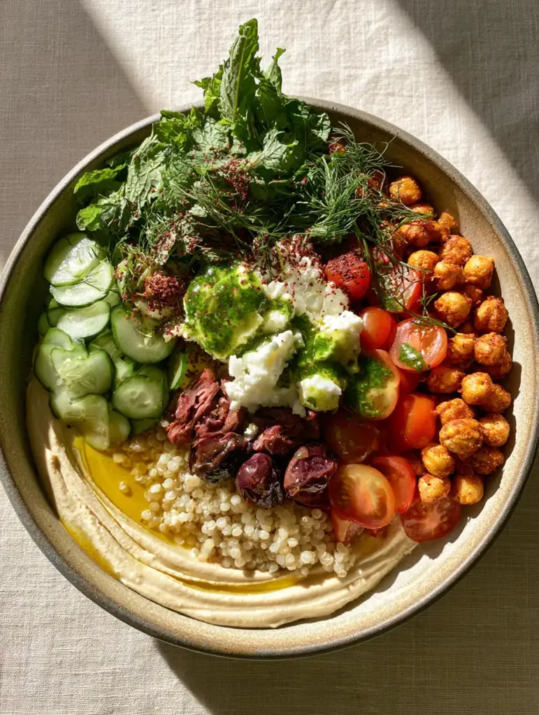 Mediterranean Mezze Bowl Recipe: The Ultimate Fresh & Creamy Power Bowl 2 Close up of creamy hummus swirl and fluffy quinoa in a Mediterranean Mezze Bowl Recipe. (Mediterranean Mezze Bowl Recipe)