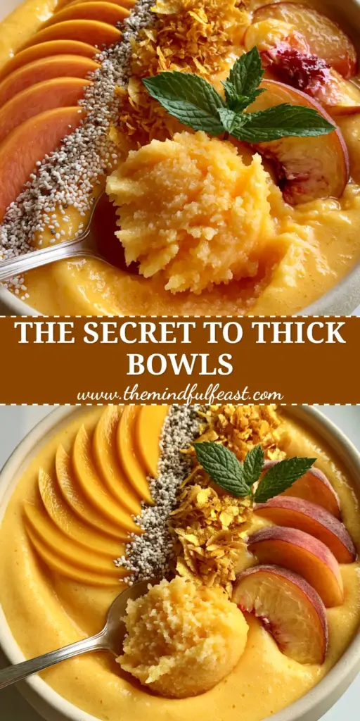 Peach and Mango Smoothie Bowl: The Ultimate Ultra-Thick Sorbet Recipe 4 A thick Peach and Mango Smoothie Bowl topped with neat rows of fresh mango, skin-on peaches, white chia seeds, and toasted coconut flakes in a cream ceramic bowl.