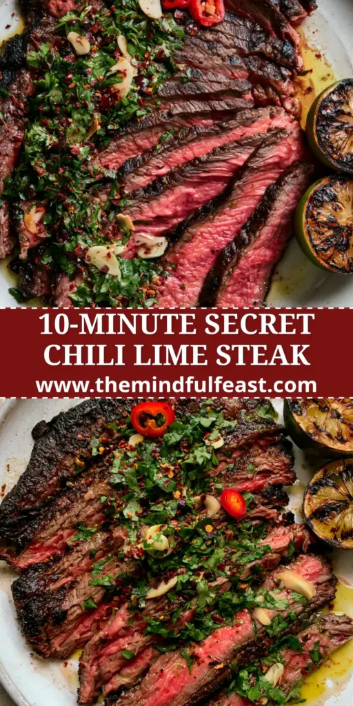 A top-down view of sliced chili-lime flank steak arranged in a fan on a white plate with charred limes and fresno chilies.