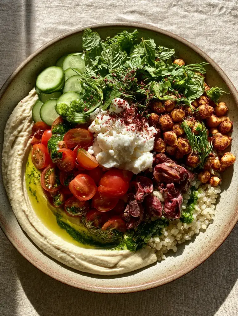 Mediterranean Mezze Bowl Recipe: The Ultimate Fresh & Creamy Power Bowl 1 High-angle view of a Mediterranean Mezze Bowl with spice-roasted chickpeas, cucumbers, and feta.