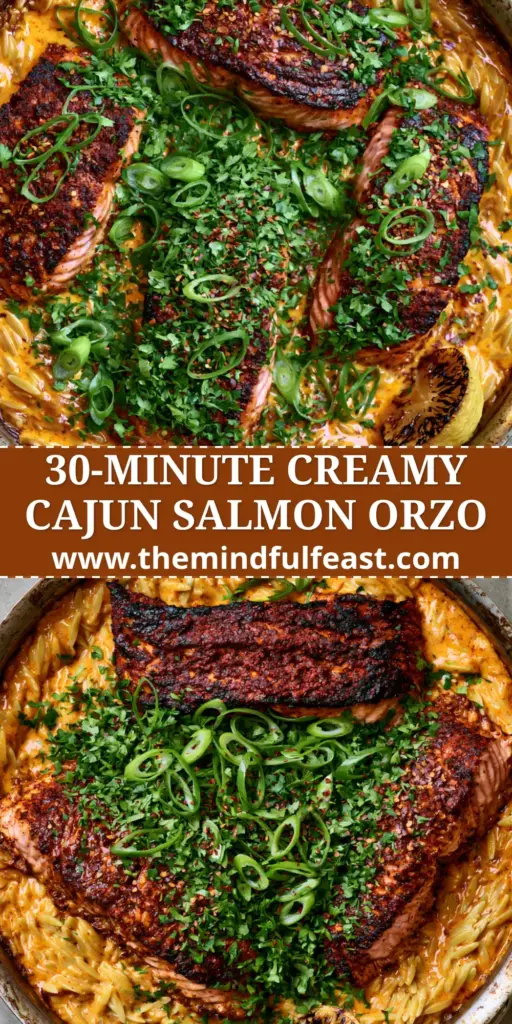 Creamy Cajun Salmon Orzo with a Mahogany Spice Crust 4 Overhead shot of creamy cajun salmon orzo in a stainless steel skillet with mahogany-crusted salmon fillets and fresh green garnishes.