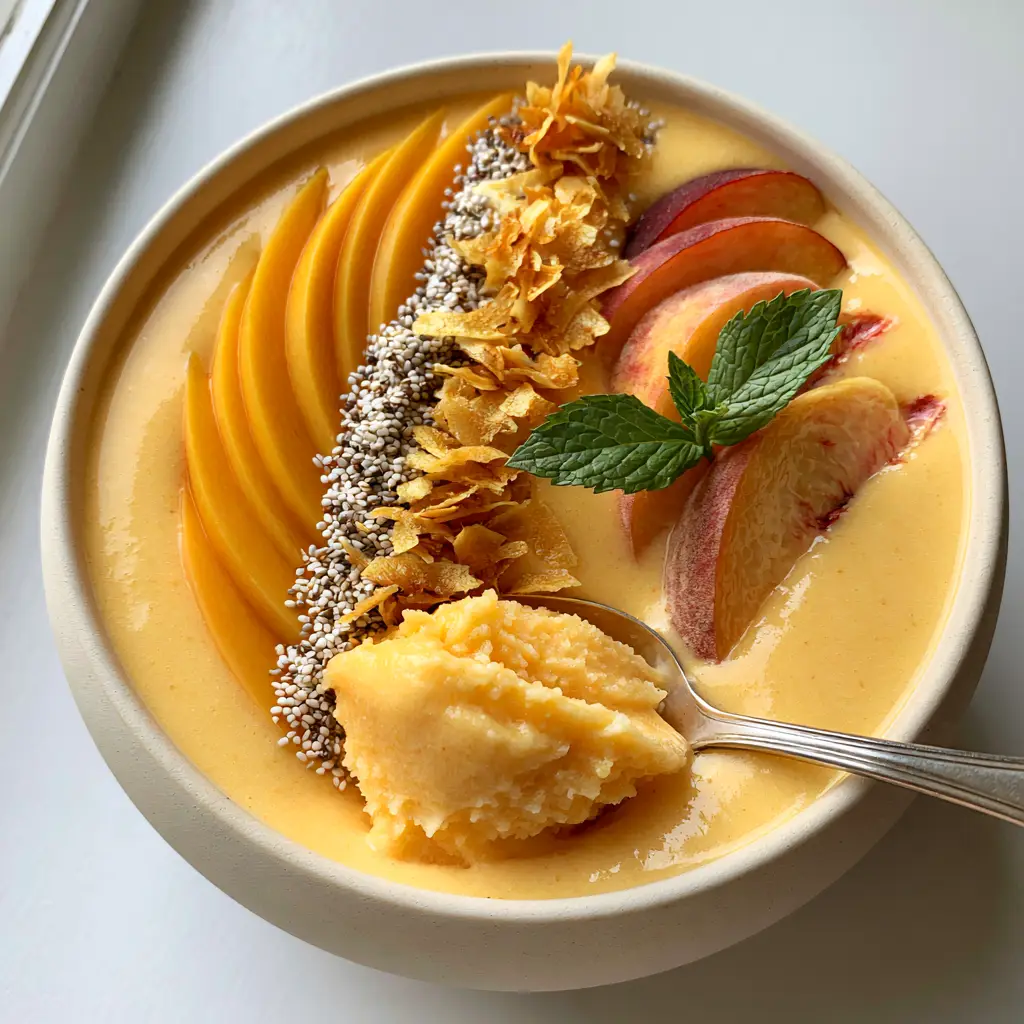 Peach and Mango Smoothie Bowl: The Ultimate Ultra-Thick Sorbet Recipe 2 Overhead shot of a vibrant pale orange Peach and Mango Smoothie Bowl showing a spoonable, thick matte texture and meticulous fruit toppings.