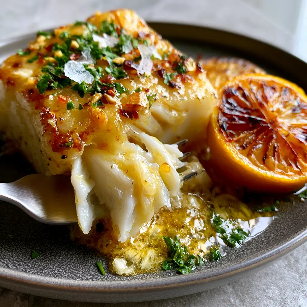 Air Fryer Garlic Butter Cod: The Ultimate Succulent 15-Minute Dinner 1 Golden melted garlic butter sauce pooling on a charcoal ceramic plate around a seared cod fillet with charred lemons.