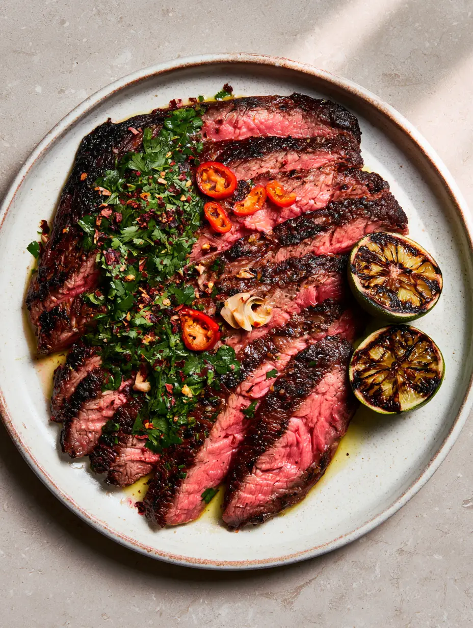 Close-up of seared chili-lime flank steak slices showing the crispy crust and pink interior.