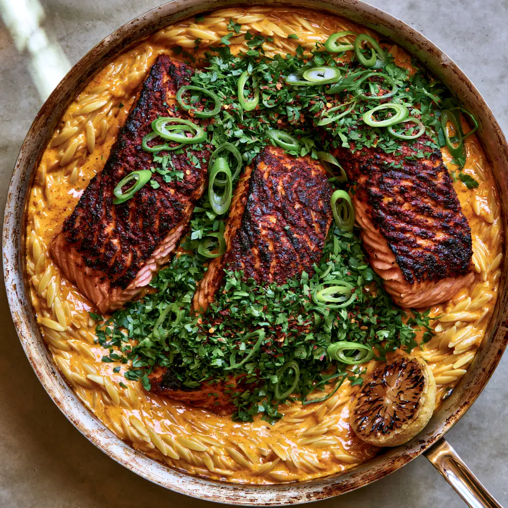 Creamy Cajun Salmon Orzo with a Mahogany Spice Crust 2 A rustic stainless steel skillet featuring thick salmon fillets with a dark mahogany spice crust over orange cajun cream sauce and orzo.