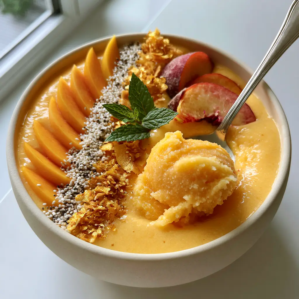 Peach and Mango Smoothie Bowl: The Ultimate Ultra-Thick Sorbet Recipe 1 Close up of a silver spoon lifting a solid, frosty scoop of Peach and Mango Smoothie Bowl base, showcasing the sorbet-like consistency.
