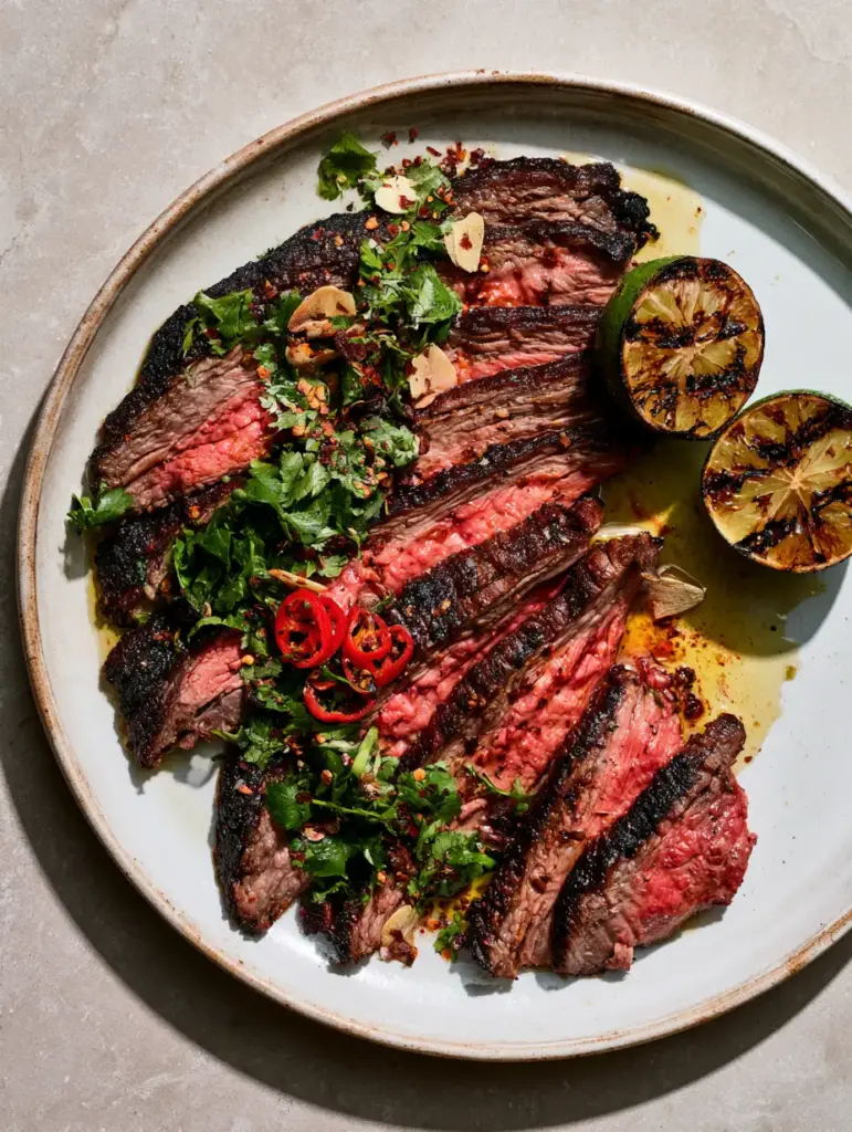 Plated chili-lime flank steak with garlic slivers, cilantro, and red chili flakes on a stone countertop.