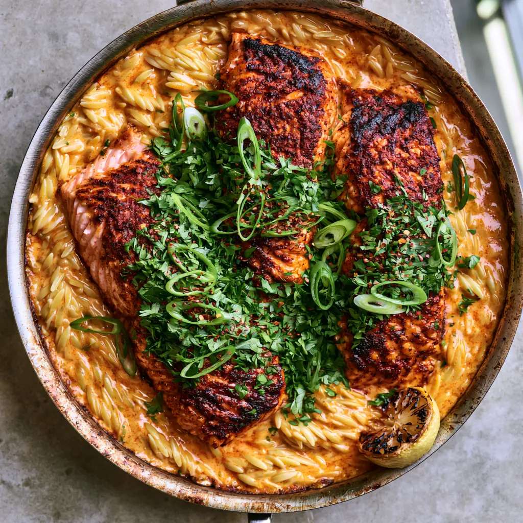 Creamy Cajun Salmon Orzo with a Mahogany Spice Crust 1 Close up of al dente orzo pasta submerged in a thick, glossy orange-tinted Cajun cream sauce garnished with scallions and parsley.