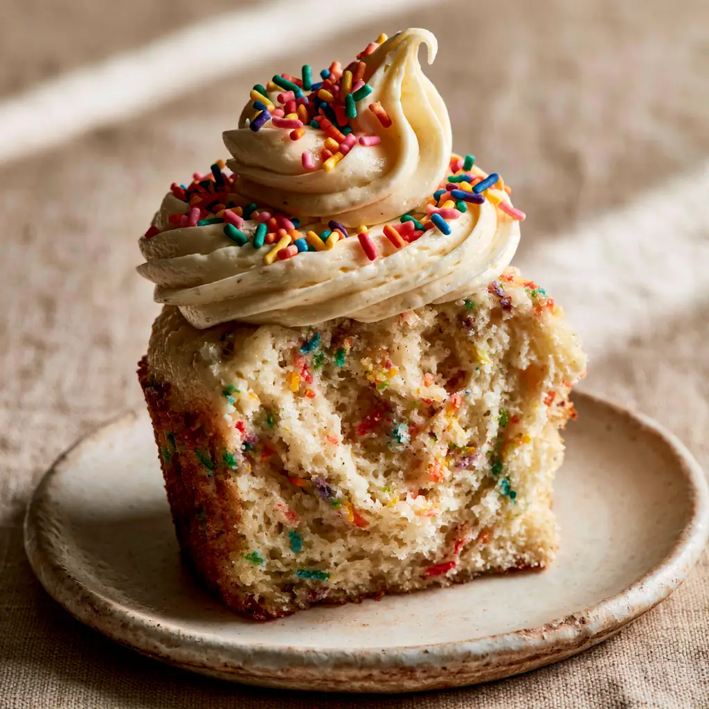 Macro shot of a sliced funfetti cupcake showing a moist golden crumb and un-bled sprinkles. (funfetti cupcakes)