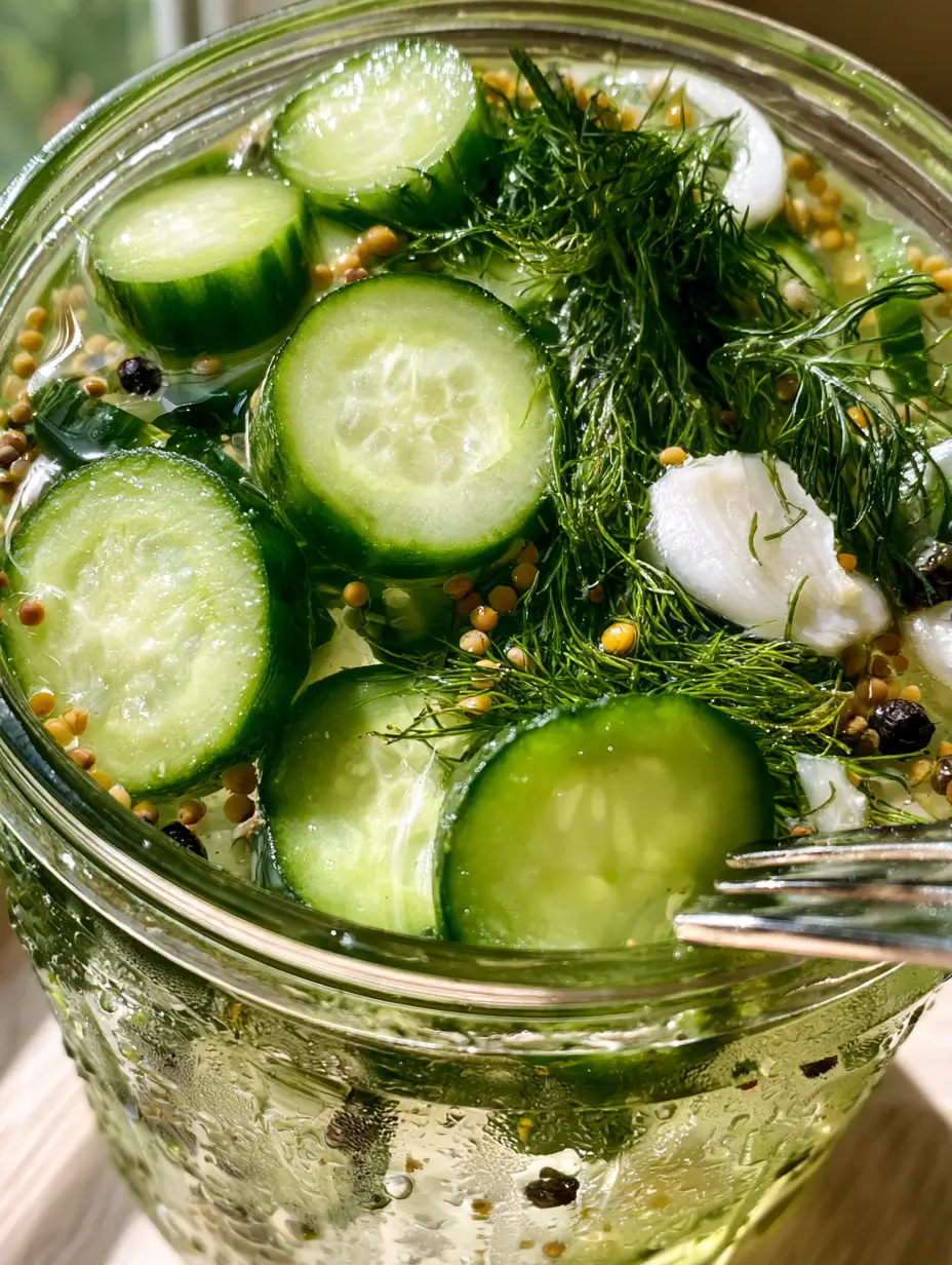 Quick Pickles Recipe: The Ultimate Guide to Ultra-Crispy Refrigerator Dill Pickles 3 A close-up vertical shot of a mason jar with cold condensation featuring thick-cut cucumbers and fresh dill. (Quick Pickles Recipe)